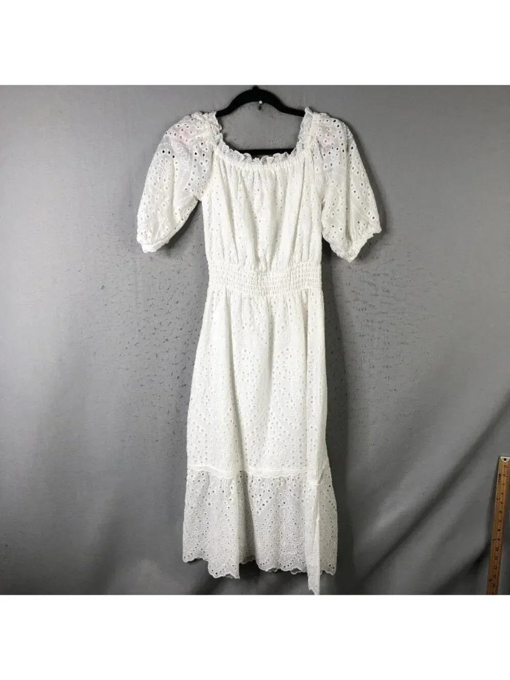 Betsey Johnson Dress Womens S White Eyelet Lace Smocked Midi Puff Sleeve Boho - Picture 1 of 16